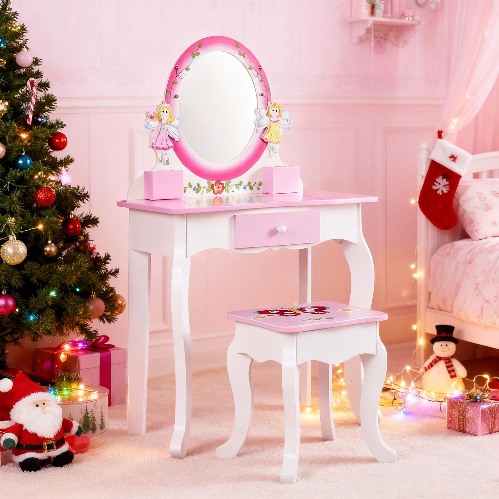 Beauty Makeup Desk - Kids Vanity Set Floral Printed Wooden